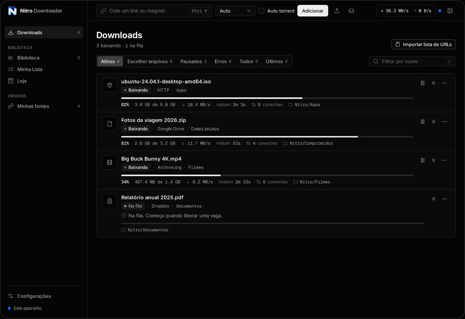 Nitro Downloader on a computer with four downloads: two in progress, one queued, each with its speed