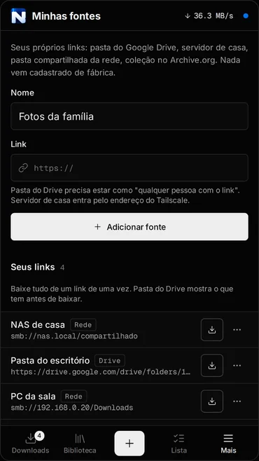 Tela Minhas fontes com os campos Nome e Link e três fontes cadastradas: NAS de casa, Pasta do escritório e PC da sala