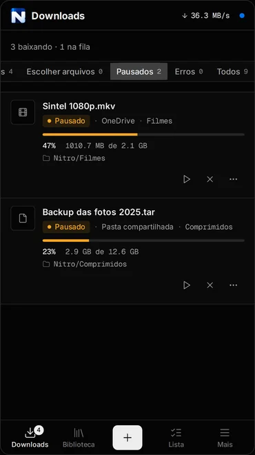 List of paused downloads in the app, each with the percentage already downloaded and a resume button